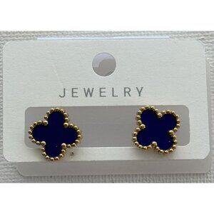 Gold-Tone Blue  Stud Earrings With Beaded Edges